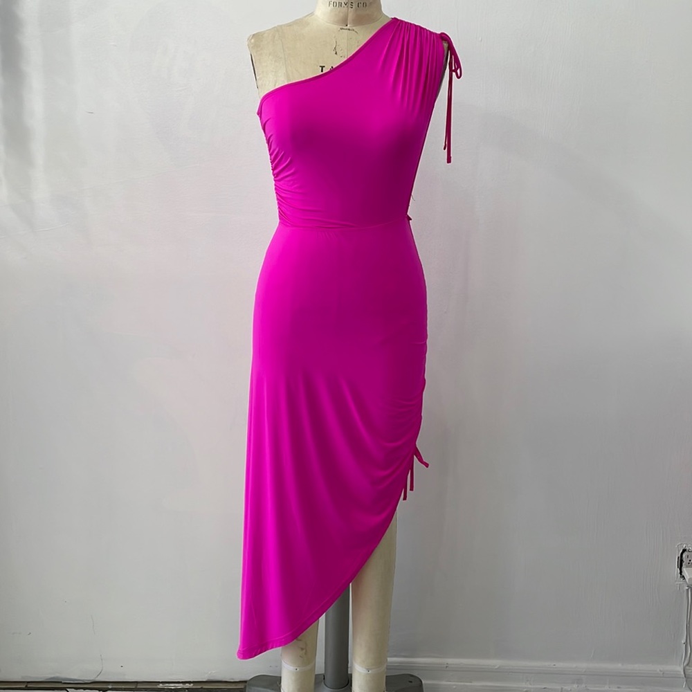 Asymmetrical Drawstring Detail MIDI Dress